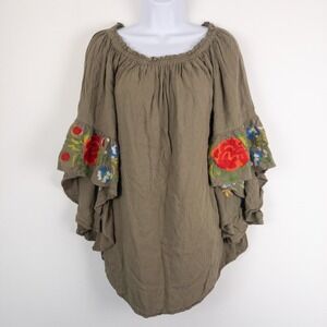Umgee Embroidered Floral Cotton Boho Top Womens Small Green Bell Sleeve Tunic